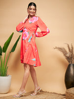 Thumbnail for InWeave Women's Dark Orange Pink Blue Flower Belted Dress - Distacart