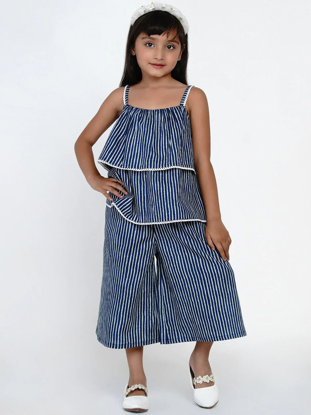 NOZ2TOZ Blue & White Striped Top with Capris For Girls - Distacart