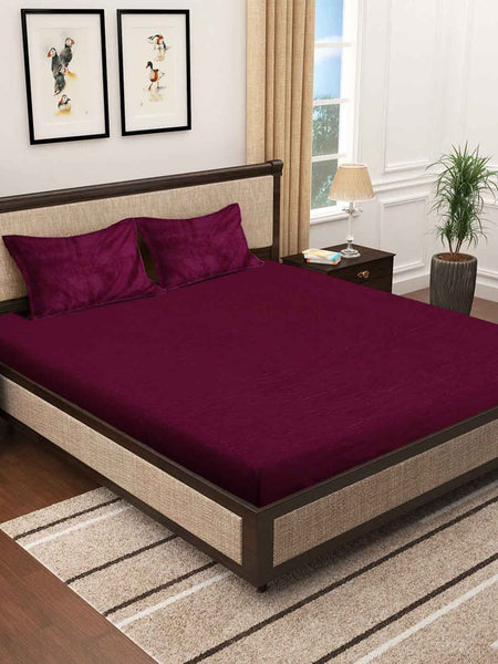 KLOTTHE Maroon 300 TC Woolen Fitted Double King Bedsheet With 2 Pillow Covers - Distacart