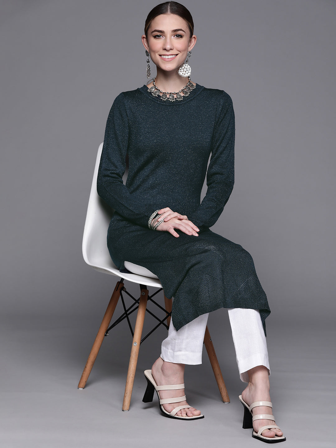 Biba Women Navy Blue Shimmer All-over Kurta - Distacart