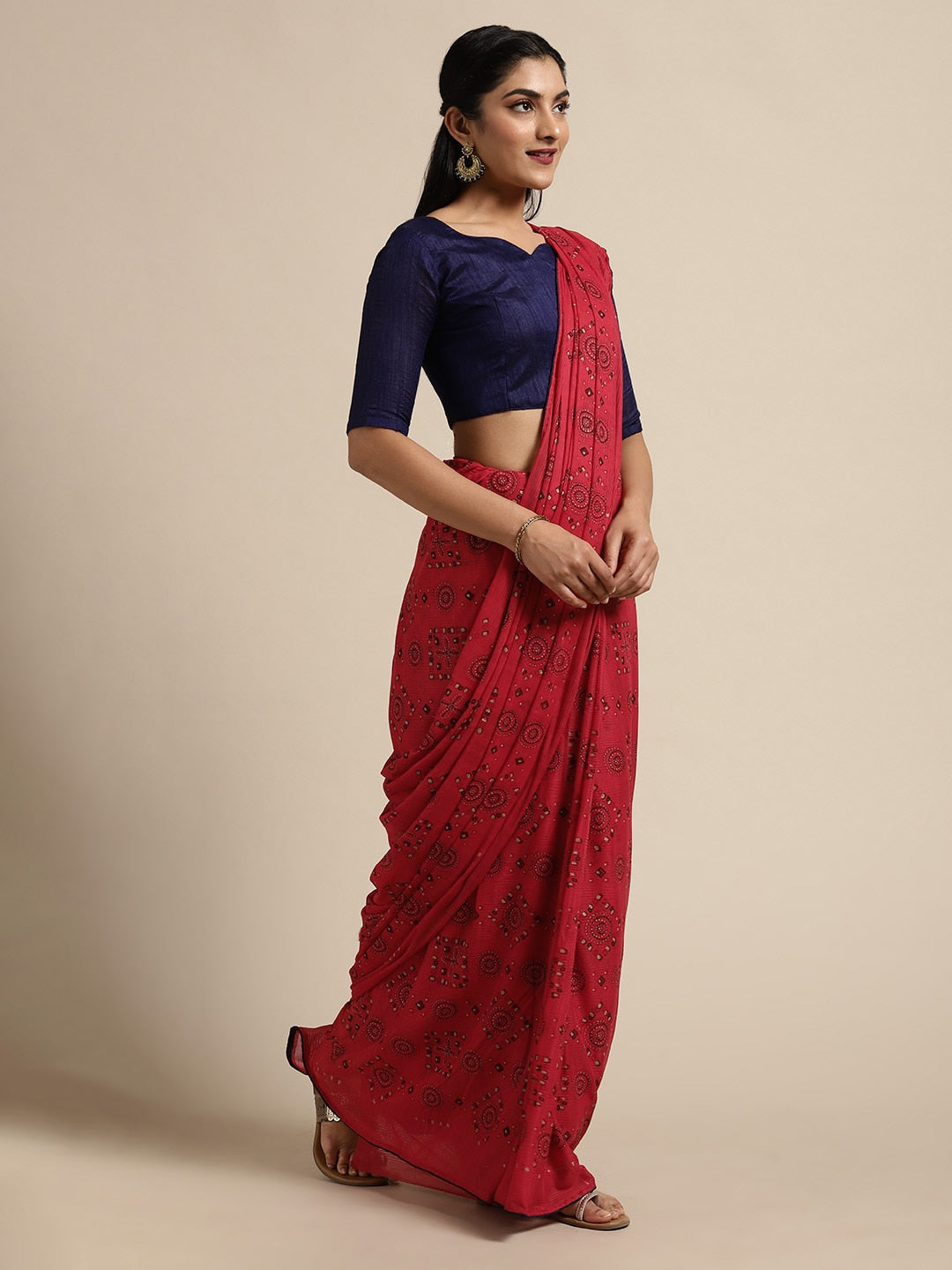 Saree Mall Red Pure Chiffon Tribal Print Bandhani Saree - Distacart