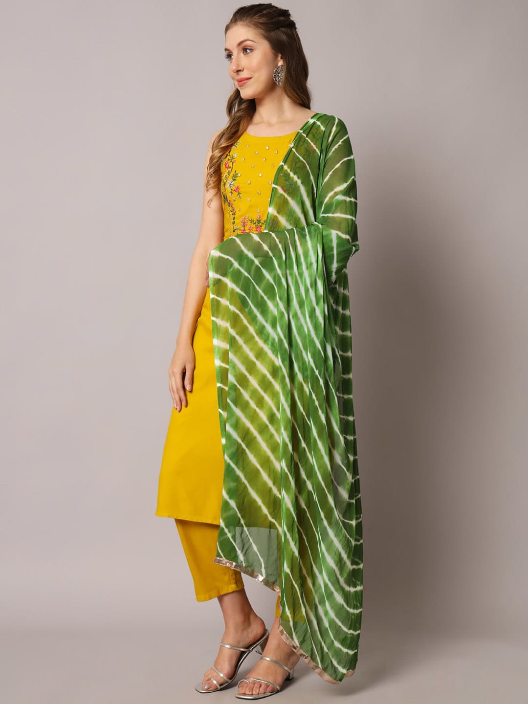 Kalini Floral Embroidered Mirror Work Straight Kurta with Trousers & Dupatta - Distacart