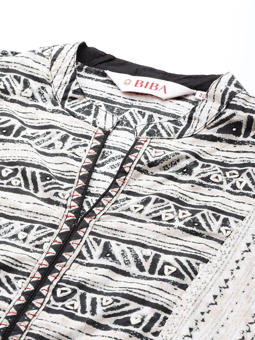 Biba Women Beige & Black Pure Cotton Geometric Printed Bell Sleeves Kurta - Distacart