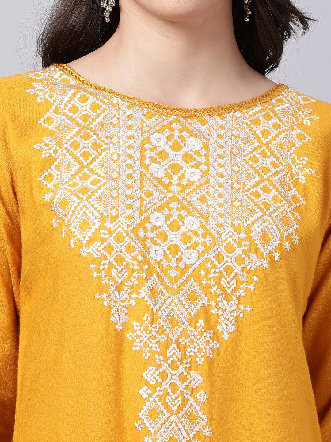 Souchii Women Tan & White Geometric Yoke Design Thread Work Grandeur & Majestic Artwork Kurta - Distacart