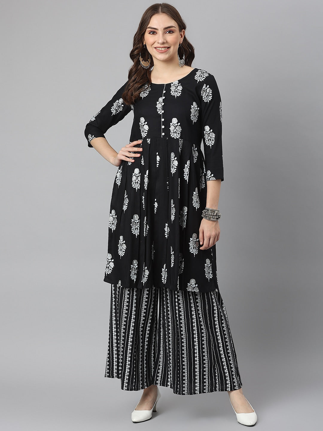 Kalini Women Black Ethnic Motifs Printed Kurta with Sharara - Distacart