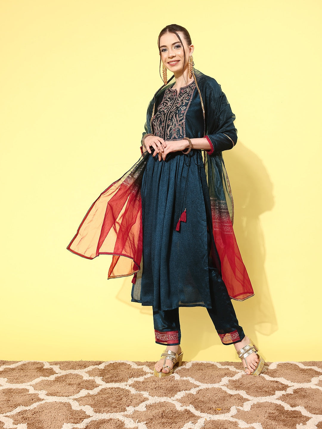 Sangria Women Floral Embroidered Regular Kurta with Trousers & With Dupatta - Distacart