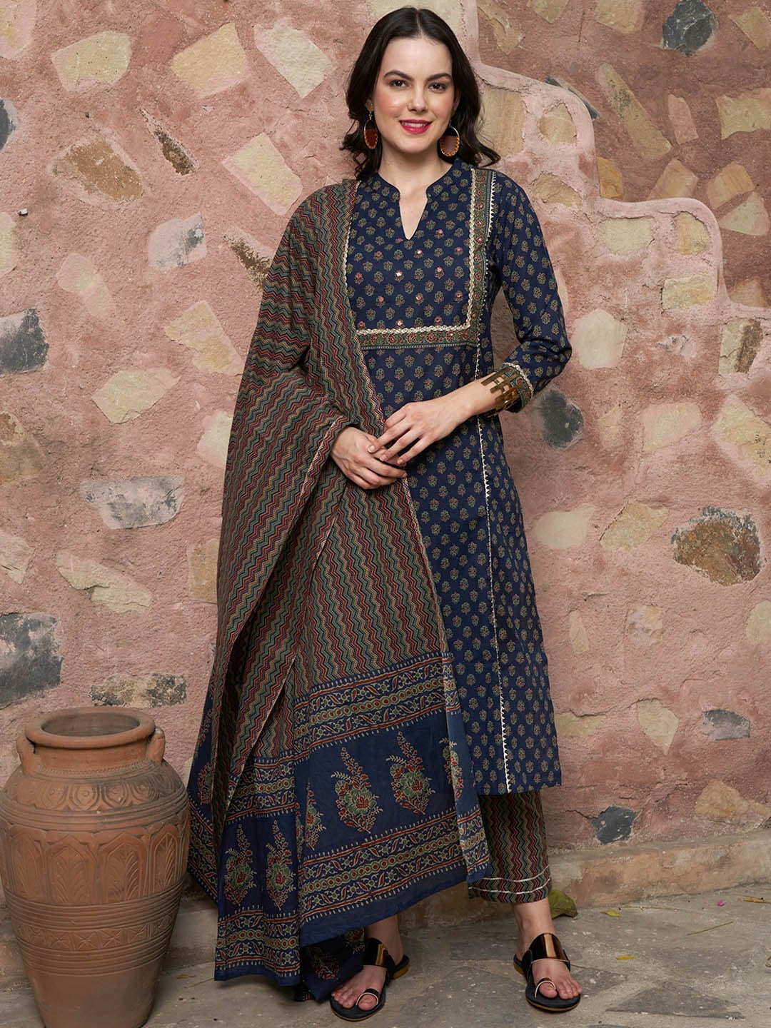 Sangria Printed Pure Cotton Kurta with Trousers & With Dupatta - Distacart