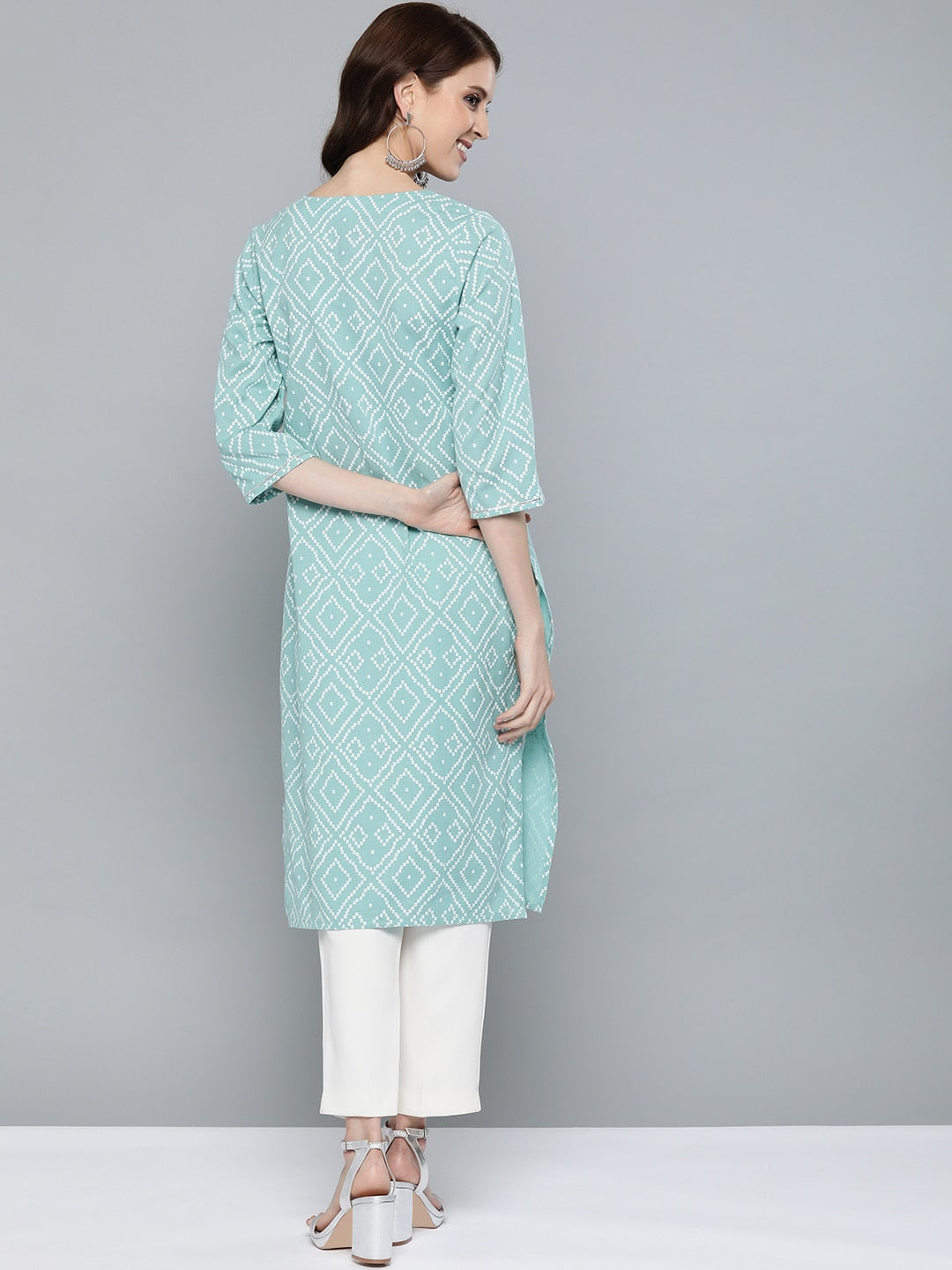 HERE&NOW Women Green & White Bandhani Print Straight Kurta - Distacart