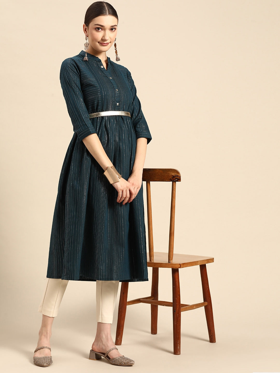 Sangria Women Navy Blue Striped Kurta - Distacart