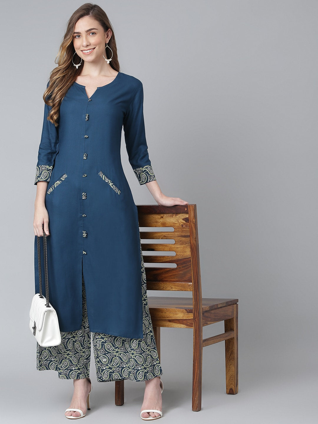 Khushal K Women Teal Blue Printed Kurta with Palazzos - Distacart