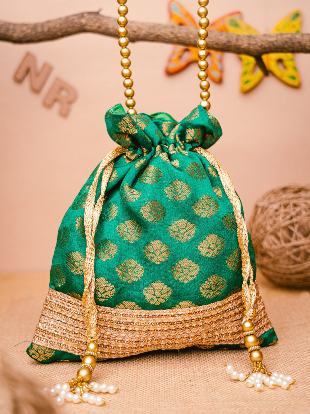 NR By Nidhi Rathi Green & Gold-Toned Banarasi Printed Potli Clutch - Distacart