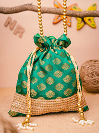 Thumbnail for NR By Nidhi Rathi Green & Gold-Toned Banarasi Printed Potli Clutch - Distacart