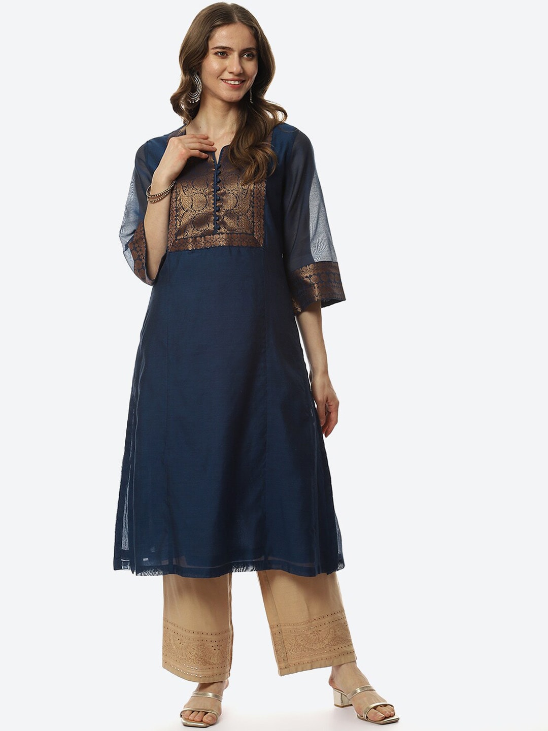 Biba Women Navy Blue & Copper-Toned Yoke Design Kurta - Distacart