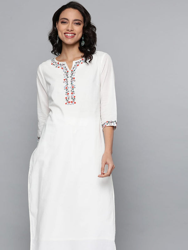 HERE&NOW Women White Cotton Straight Thread Work Kurta - Distacart