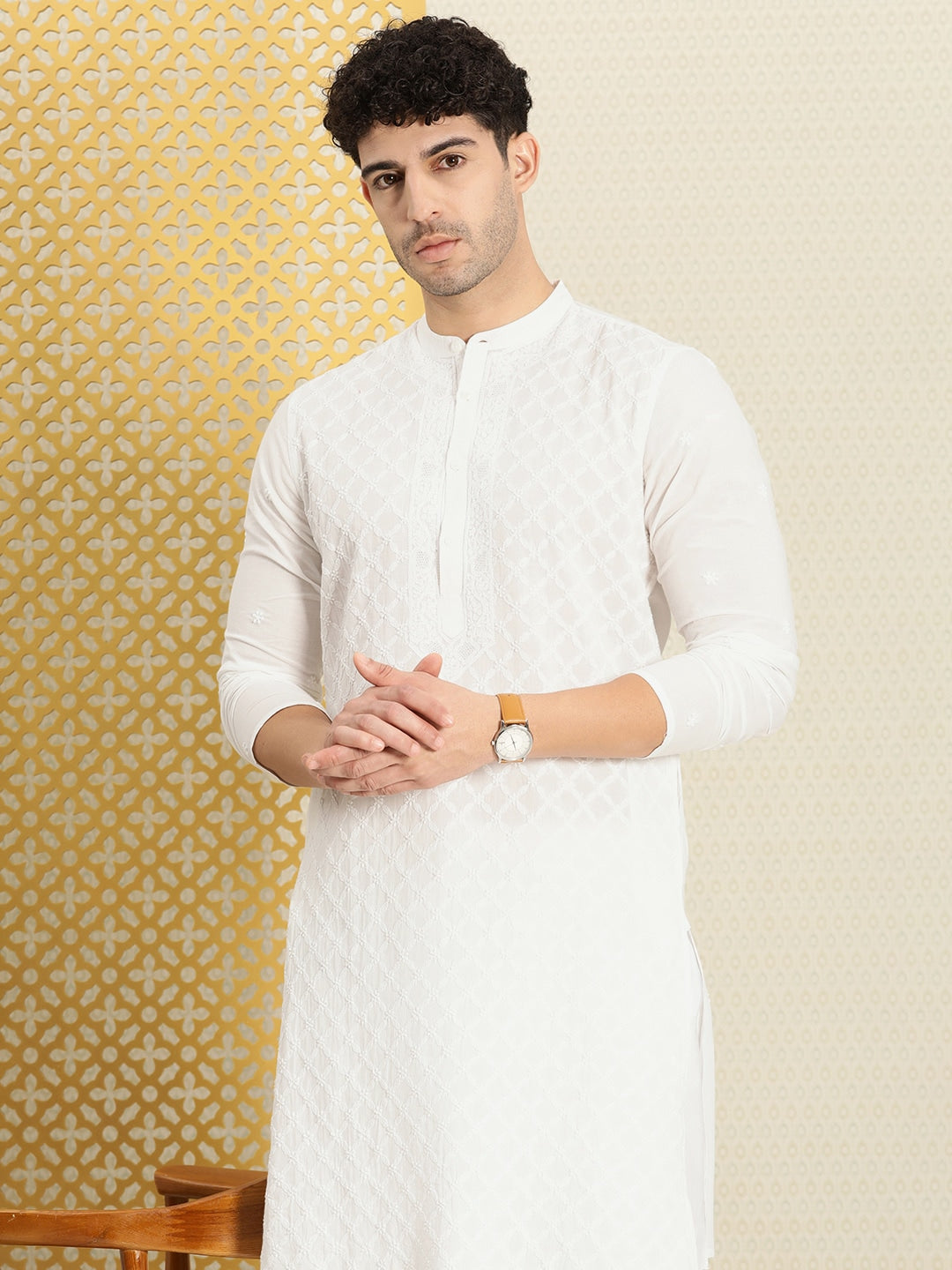 House of Pataudi Men Chikankari Embroidered Pure cotton Jashn Kurta with Churidar - Distacart