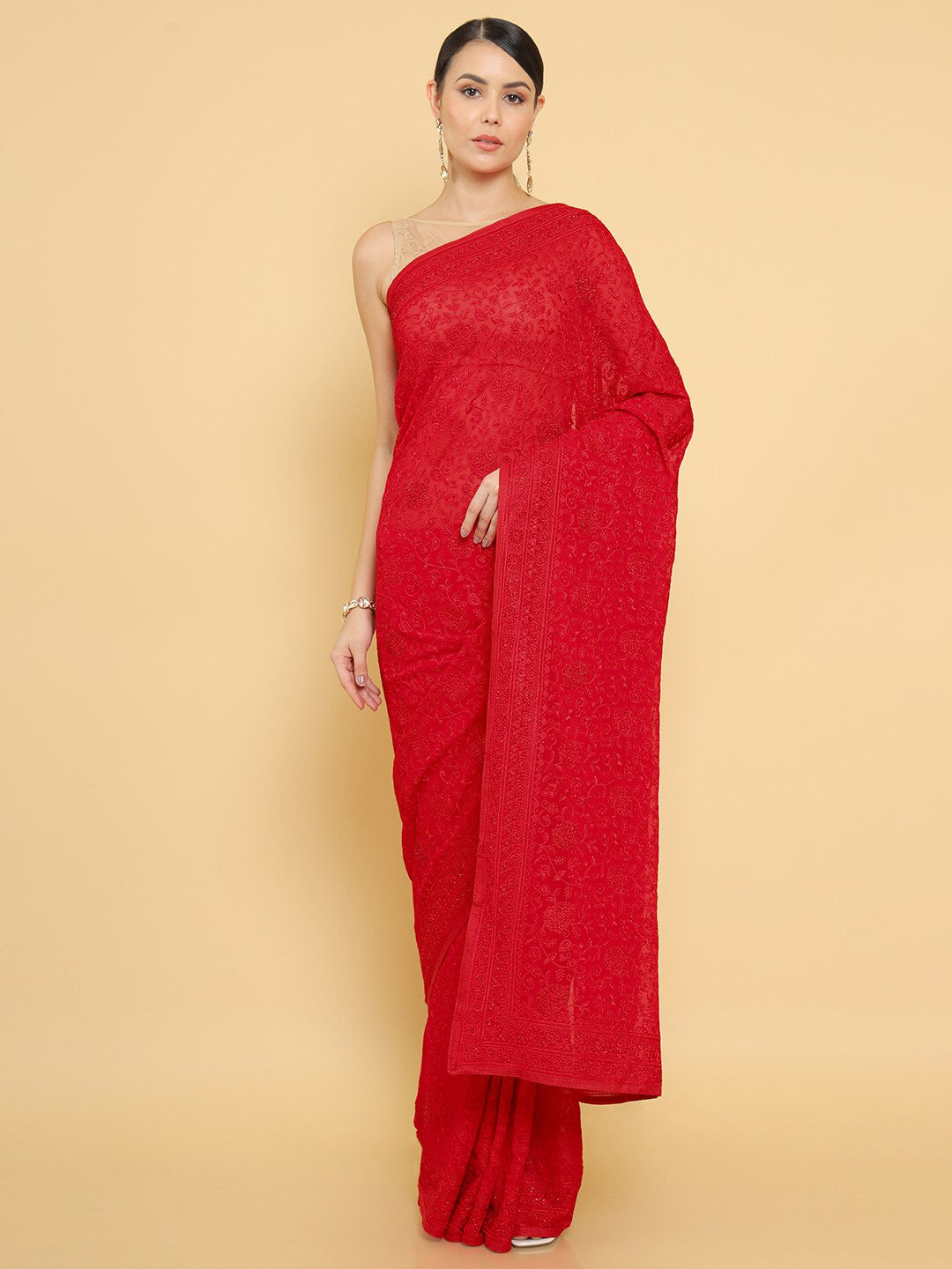 Soch Red Floral Embroidered Pure Georgette Saree - Distacart