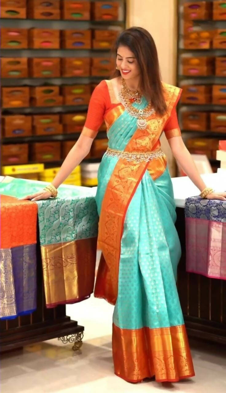 DEIANA'S Beautiful Golden Jari with New Design Soft Lichi Silk Saree - Sky - Distacart