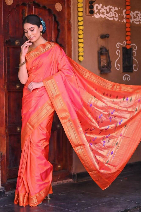 Very Much Indian Raaga Handloom Silk Peach Pink Paithani - Distacart