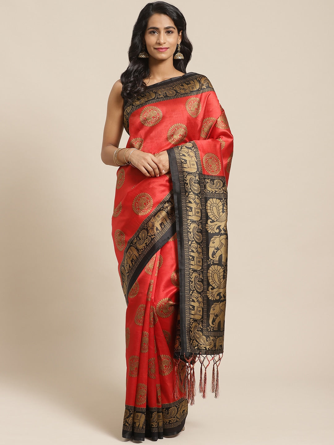 Saree Mall Red & Beige Printed Bhagalpuri Saree - Distacart