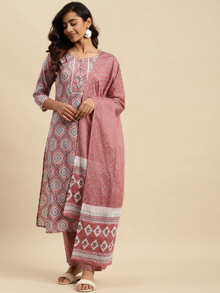 Sangria Ethnic Motif-Printed Sequinned Pure-Cotton Straight Kurta With Trouser & Dupatta - Distacart