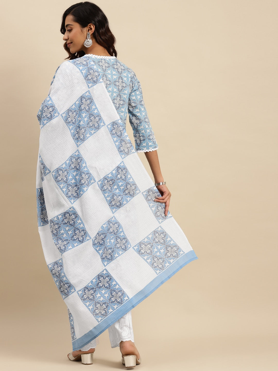Sangria Blue Ethnic Motif Printed Pure-Cotton Straight Kurta With Trouser & Dupatta - Distacart