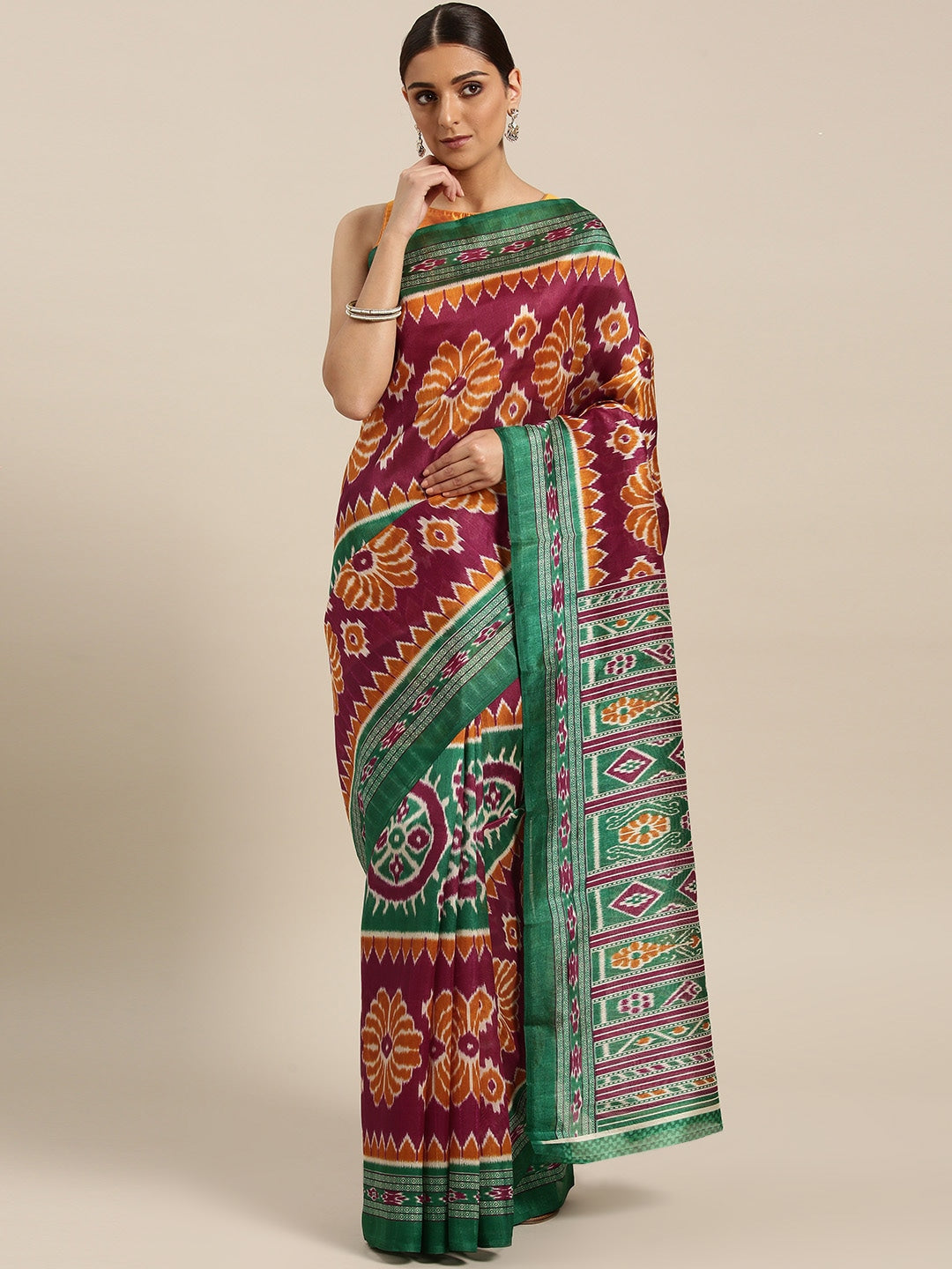 Saree Mall Magenta & Green Printed Bhagalpuri Saree - Distacart