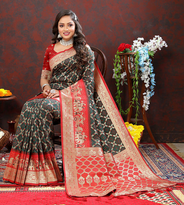 Lorenvalley Fashion Green & Red Patola Silk Woven Design Meenakari Weaving Saree - Distacart