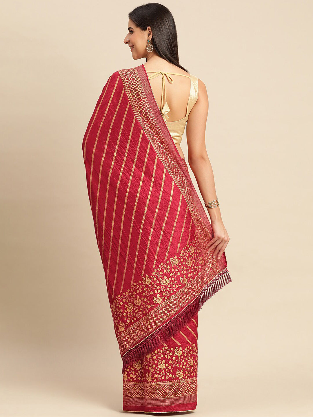 Kalini Striped Foil Work Vichitra Silk Saree - Distacart