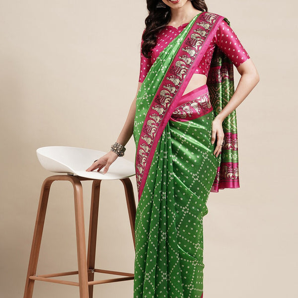 Saree Mall Green & Fuchsia Bandhani Silk Blend Bandhani Sarees - Distacart