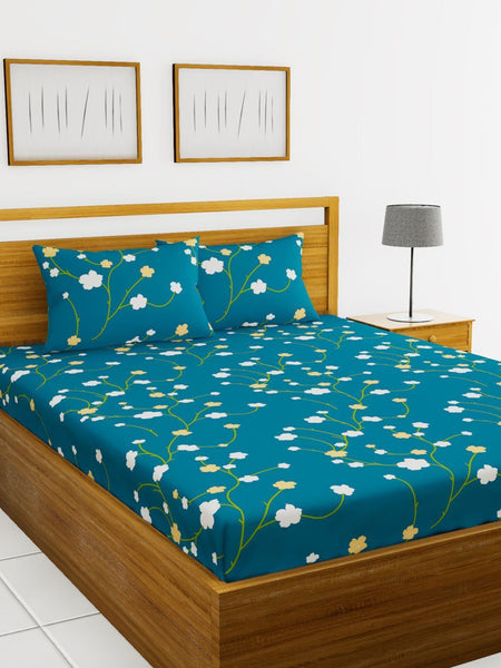 BIANCA Blue & Green Floral Printed 152 TC Cotton 110 GSM Micro-Peached King Bedsheet With 2 Pillow Cover - Distacart