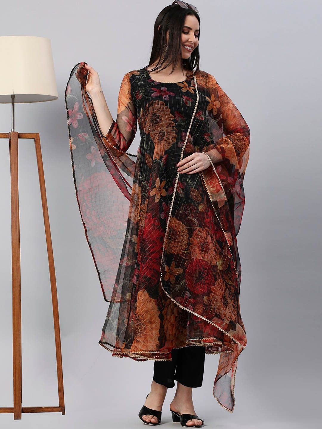 Kalini Women Black Floral Printed Anarkali Kurta With Trousers & Dupatta - Distacart