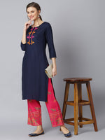 Thumbnail for Khushal K Women Navy Blue & Red Yoke Design Viscose Rayon Kurta with Palazzos - Distacart