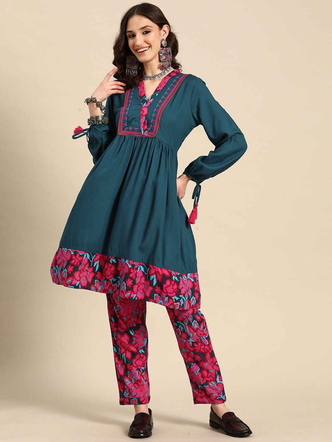 Sangria Women Floral Printed Gathered A-Line Kurta with Trousers - Distacart