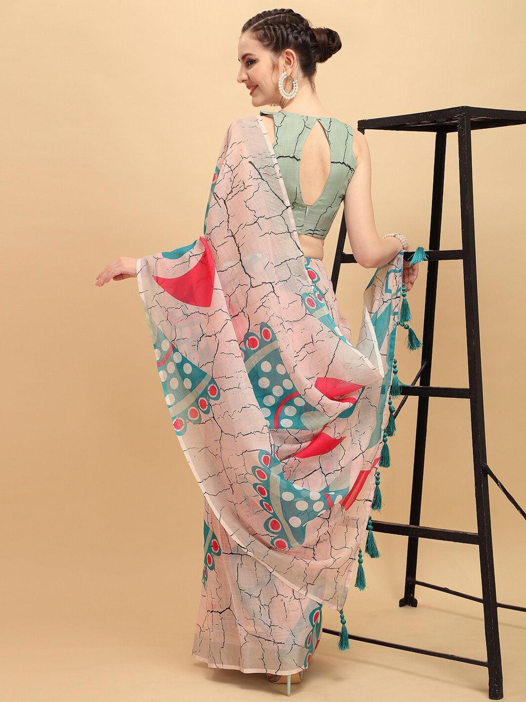 Sangria Abstract Printed Embellished Pure Linen Saree - Distacart