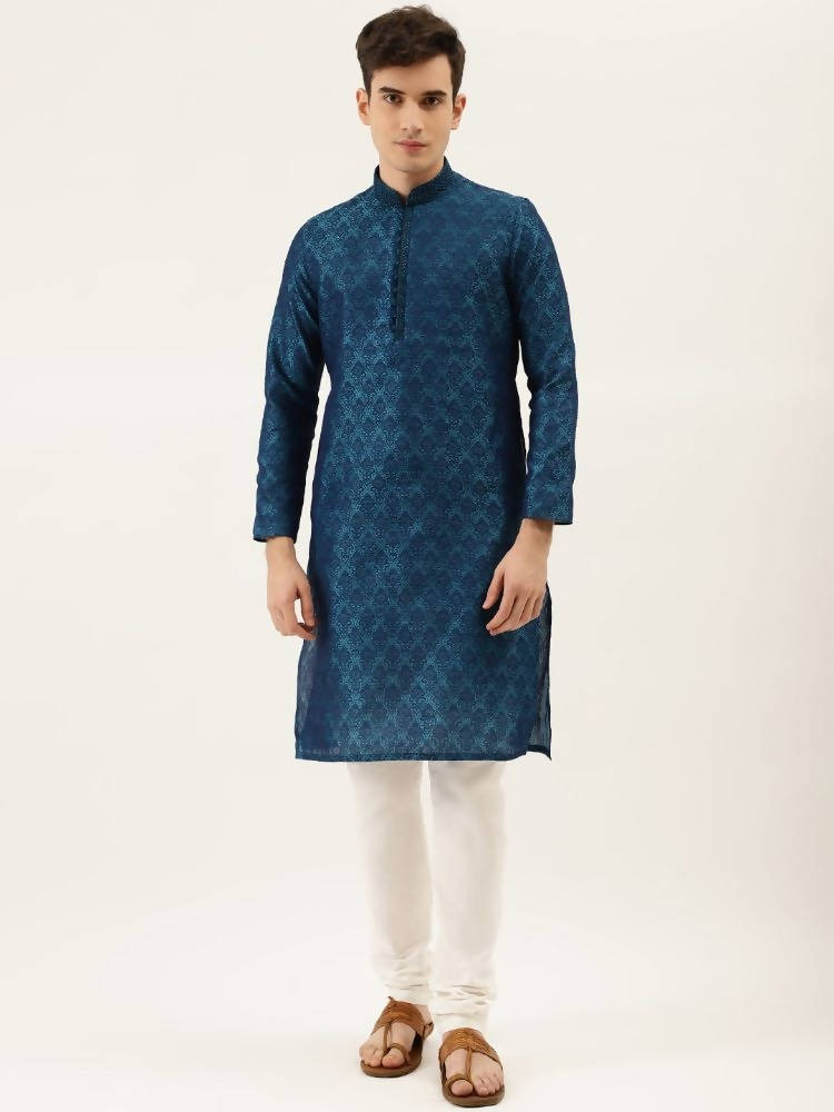 Manyavar Men Blue & White Self Design Kurta with Churidar - Distacart