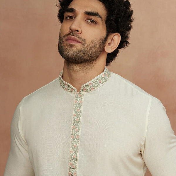 Manyavar Men Cream-Coloured Floral Embroidered Kurta with Pyjamas - Distacart