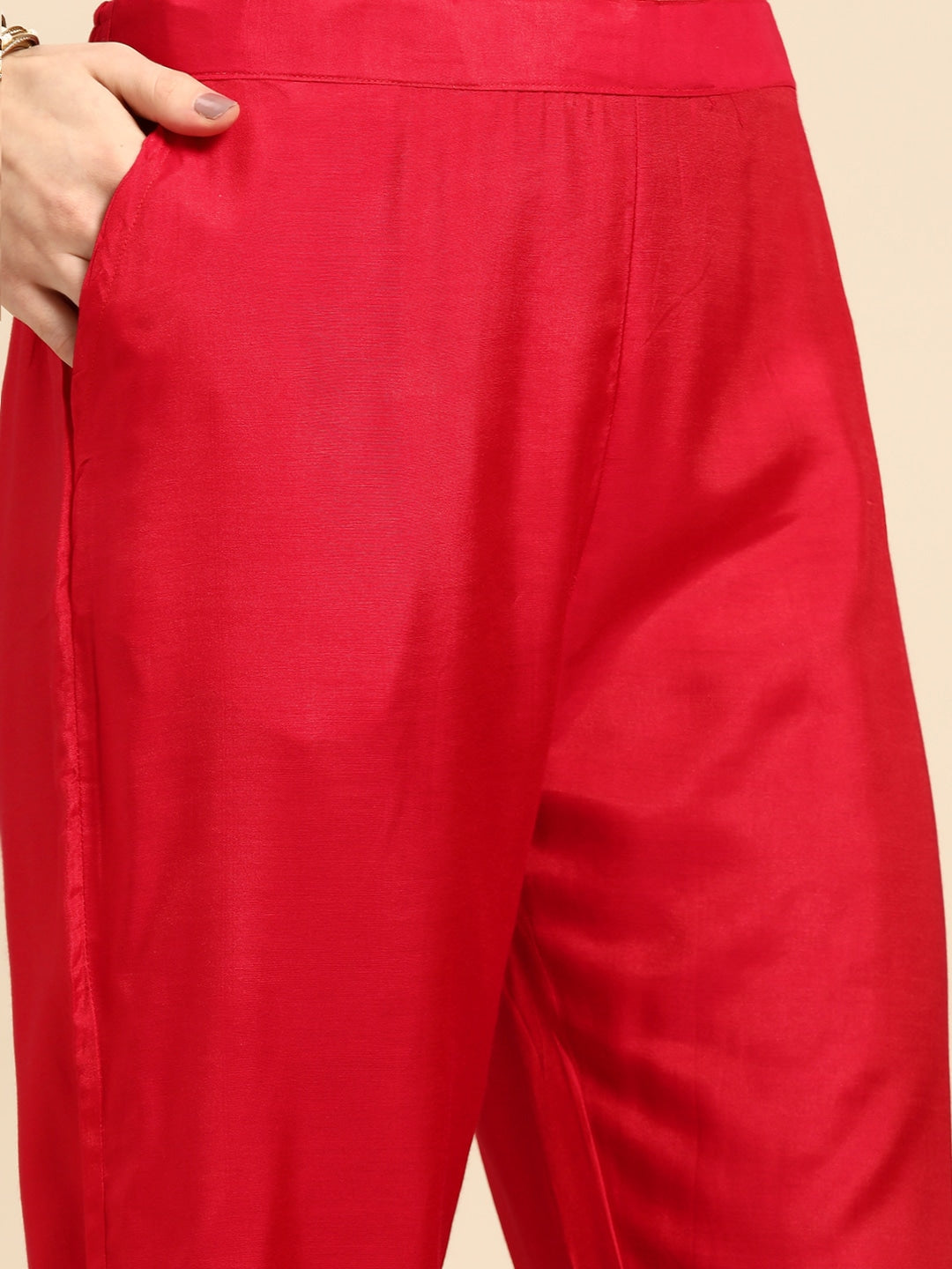 Sangria Women Red & White Ethnic Embellished Beaded Kurta with Trousers & Dupatta - Distacart