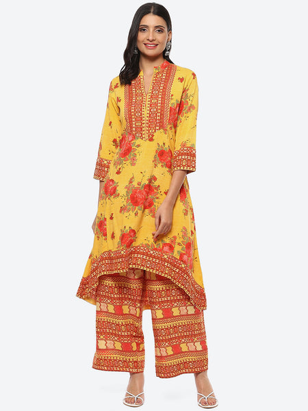 Biba Women Yellow Floral Printed Kurta with Palazzos Set - Distacart