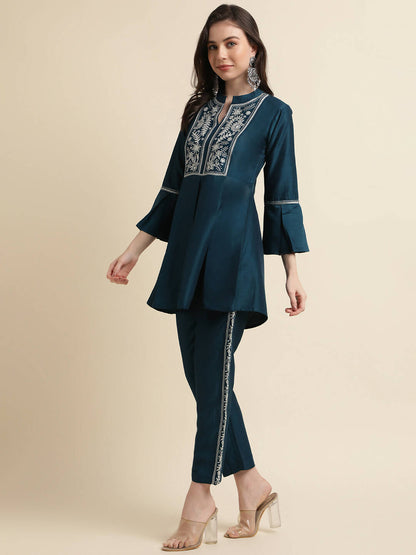 Teal Chinon Floral Embroidered Top with Bottom - Maanushi - Distacart