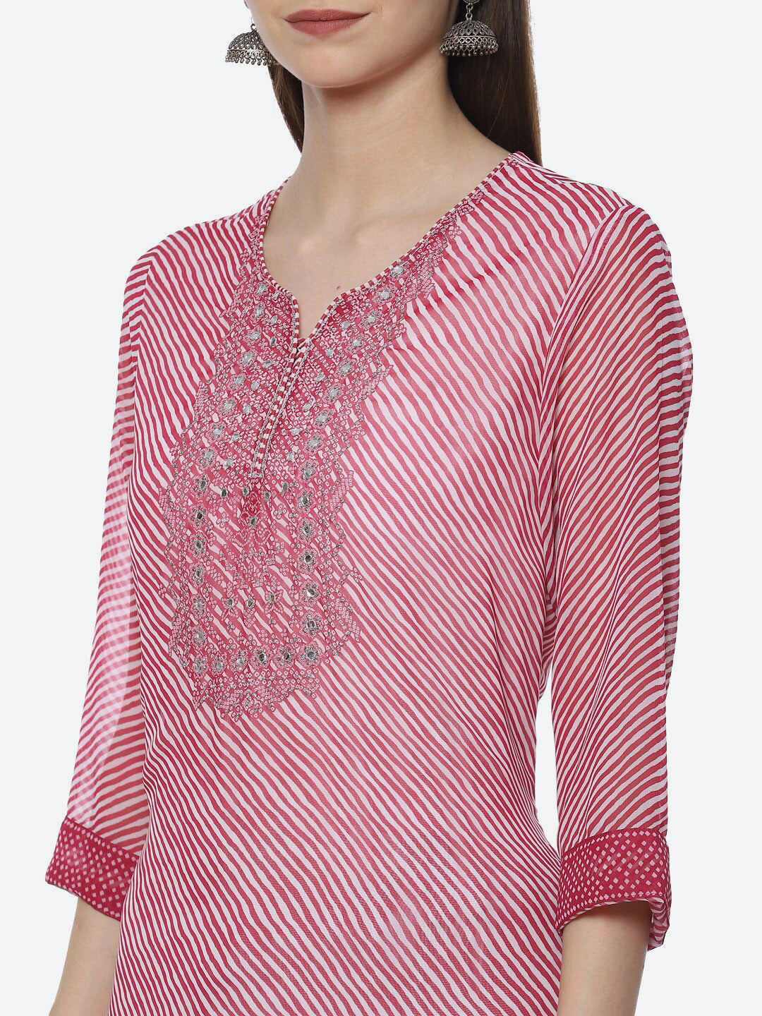 Biba Women Pink Striped Sequinned Kurta with Palazzos & With Dupatta - Distacart
