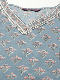 Thumbnail for Libas Blue Pure Cotton Floral Print Gotta Patti Kurta with Palazzos & Dupatta - Distacart