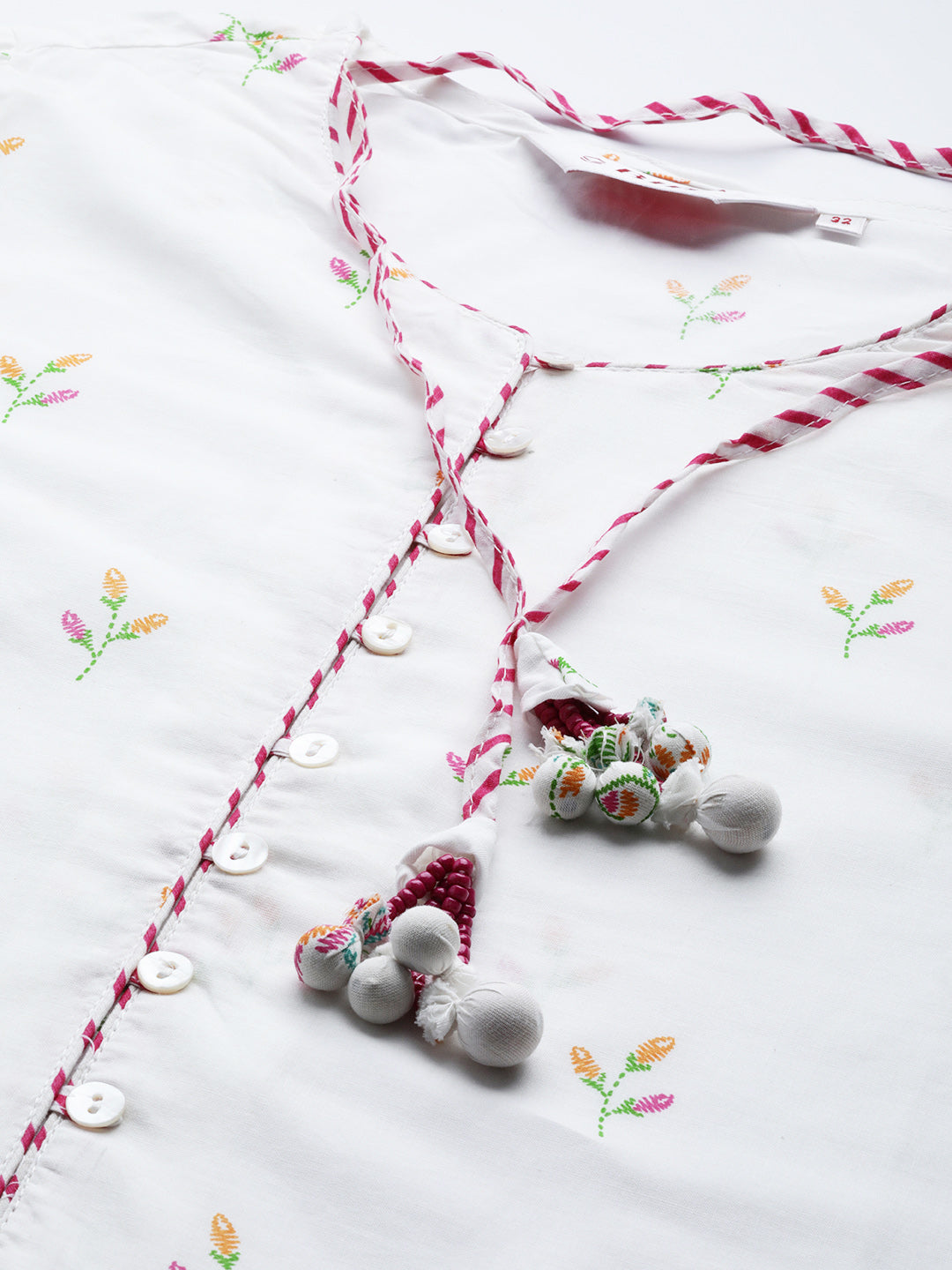 Biba Women White & Mustard Yellow Floral Printed A-Line Kurta With Neck Piece - Distacart