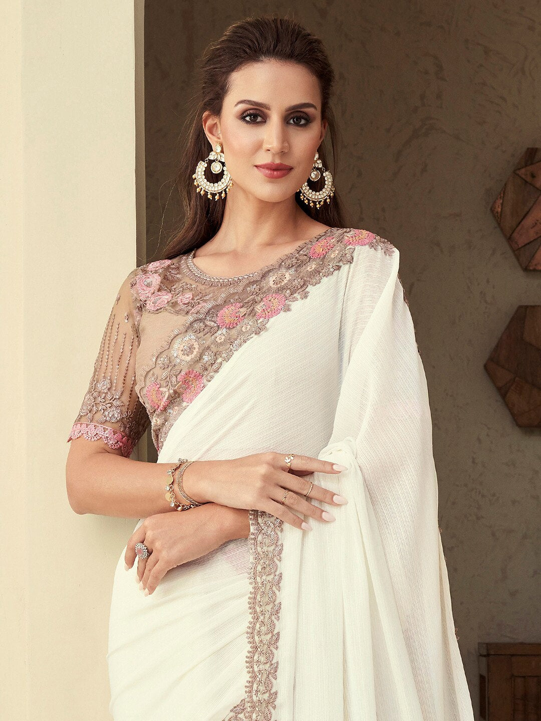 Mitera White & Pink Sequinned Pure Georgette Saree - Distacart