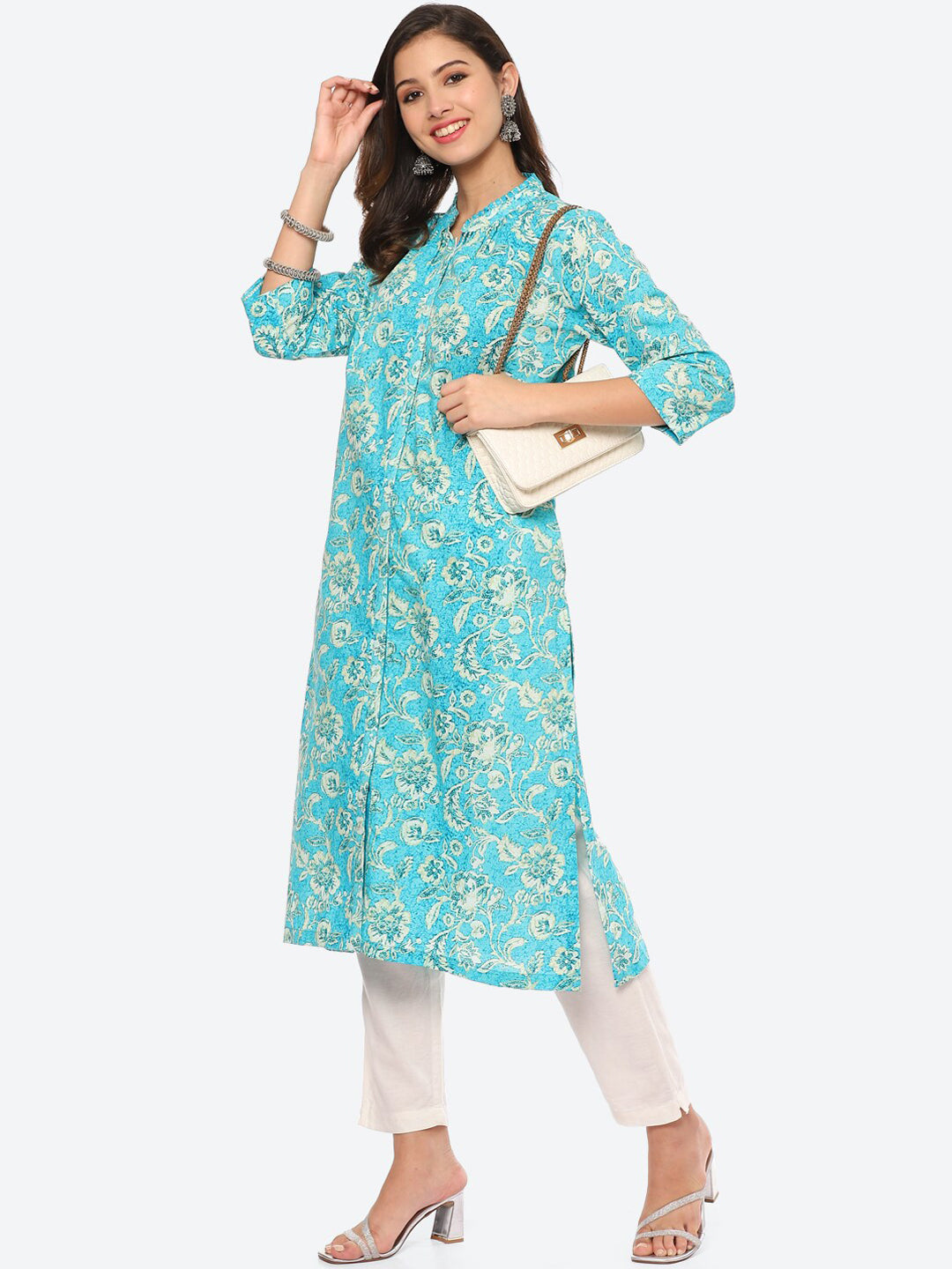 Biba Women Turquoise Blue Ethnic Motifs Printed Kurta - Distacart