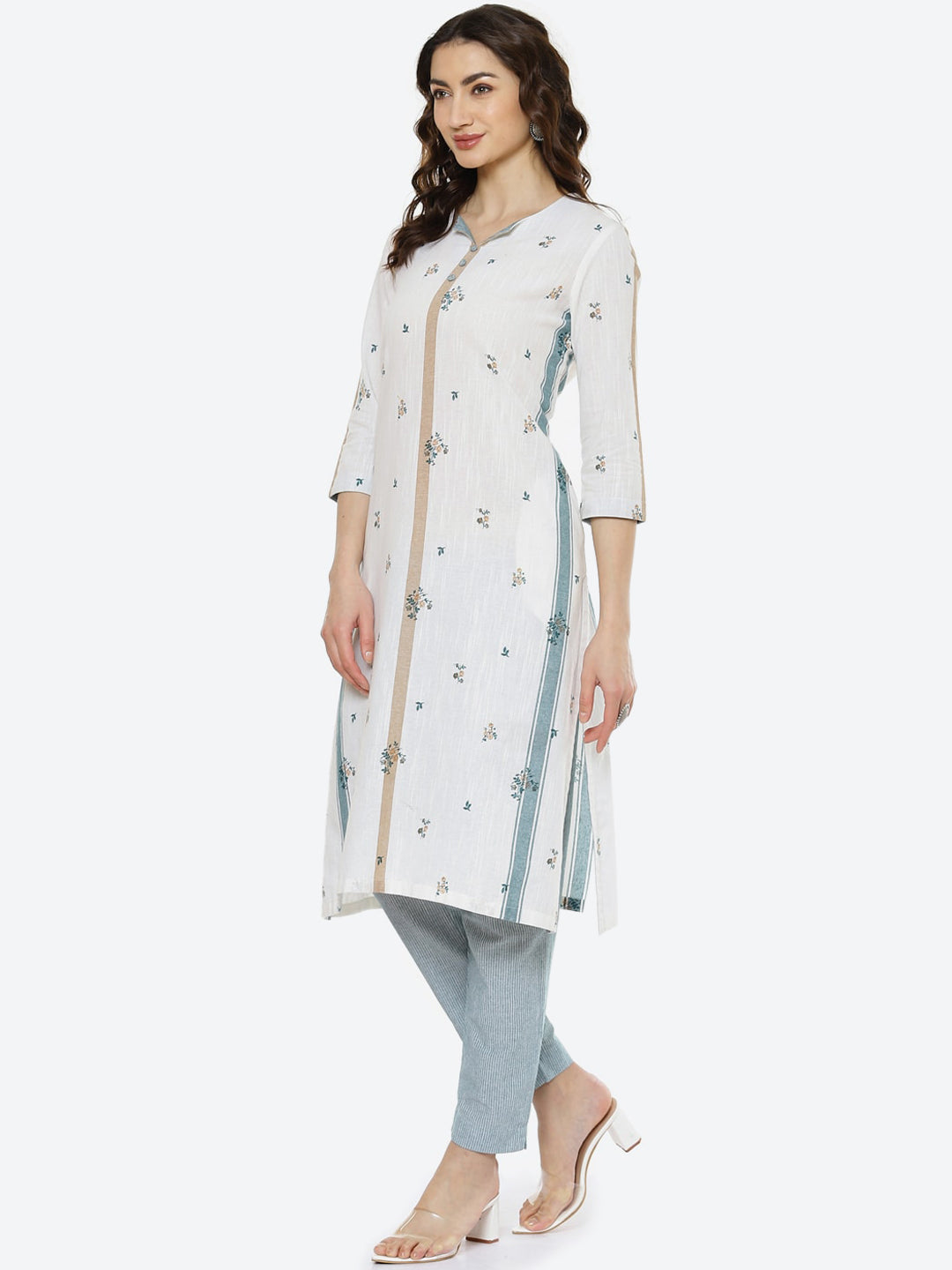 Biba Women White & Blue Printed Pure Cotton Kurta with Trouser - Distacart