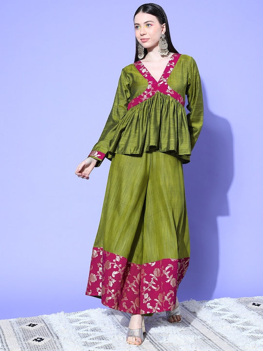 InWeave Women's Olive Wine Brocade Mughal Shaan Kurta Palazzo Set - Distacart