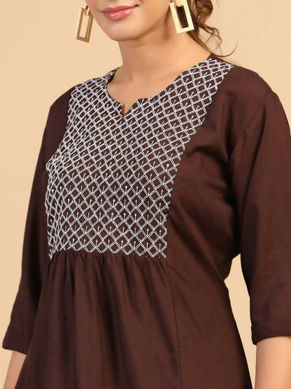 Womens Brown Rayon Yoke Embroidered Top - Keeva - Distacart