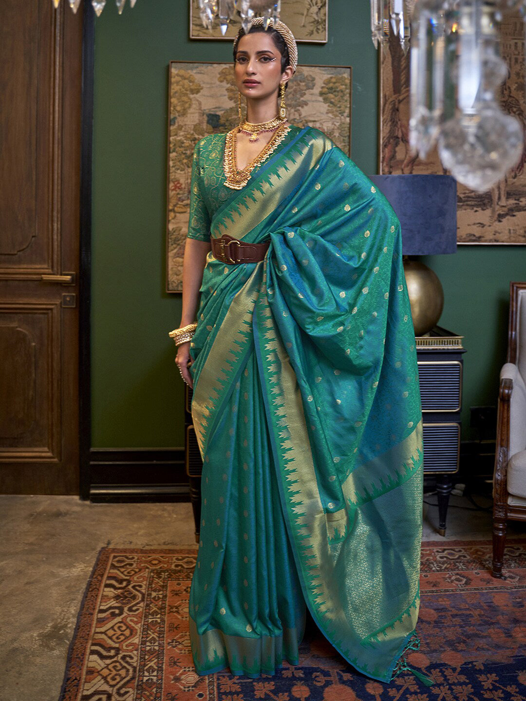 Mitera Teal & Gold-Toned Ethnic Motifs Zari Silk Blend Kanjeevaram Saree - Distacart