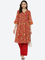 Thumbnail for Biba Women Red Floral Printed Empire Pure Cotton Kurta with Palazzos - Distacart