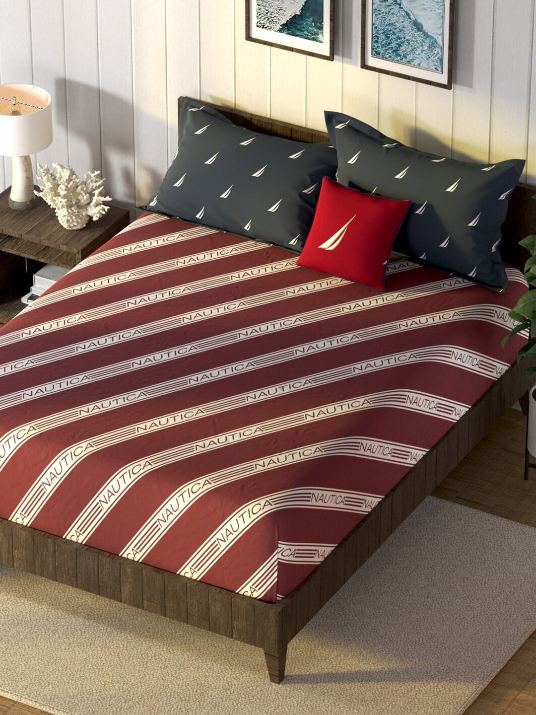 Nautica Noridge Red & White Printed Cotton 160 TC King Bedsheet with 2 Pillow Covers - Distacart